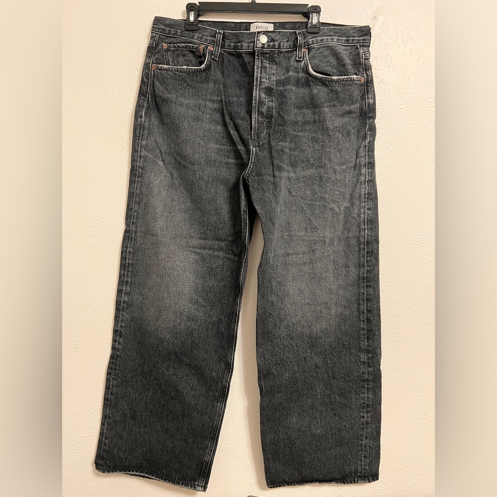 Agolde Charcoal Black Low Slung Baggy Wide Leg Jeans Button fly closure Size 33